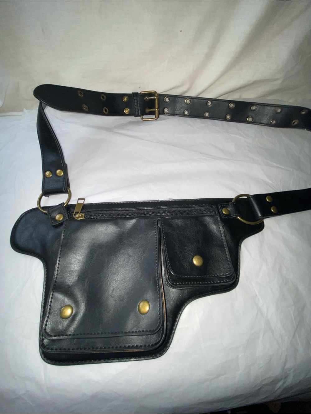 Black Leather Waist Bag with Brass Hardware - Men